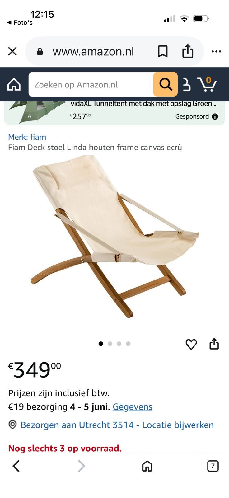 Fiam Deck stoel Linda houten frame canvas ecru, Ophalen, Overige kleuren, Zo goed als nieuw, Eén