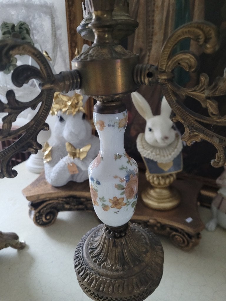 Antieke kandelaar brons met porselein, Ophalen of Verzenden, Koper of Brons