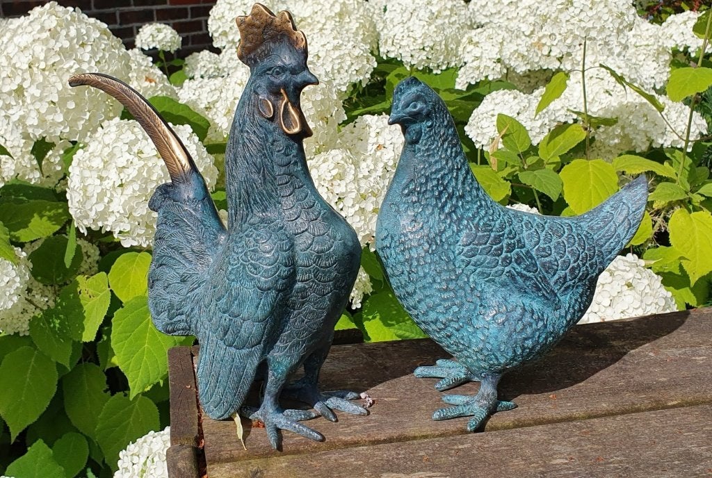 BRONZEN HAAN EN HEN / TUINBEELD / kip, Dierenbeeld, Nieuw, Info@huisentuindecoratiemarie.nl, Huis en tuin decoratie marie