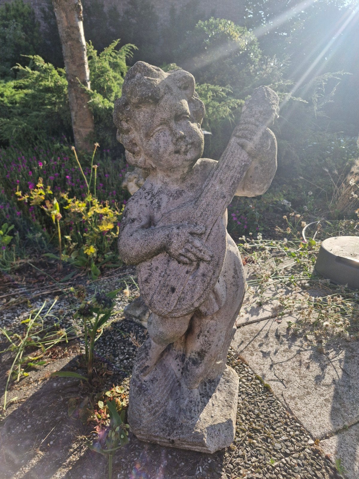 Vintage Engelenbeeld met Gitaar - Tuindecoratie, Ophalen, Gebruikt, Steen, Engelenbeeld