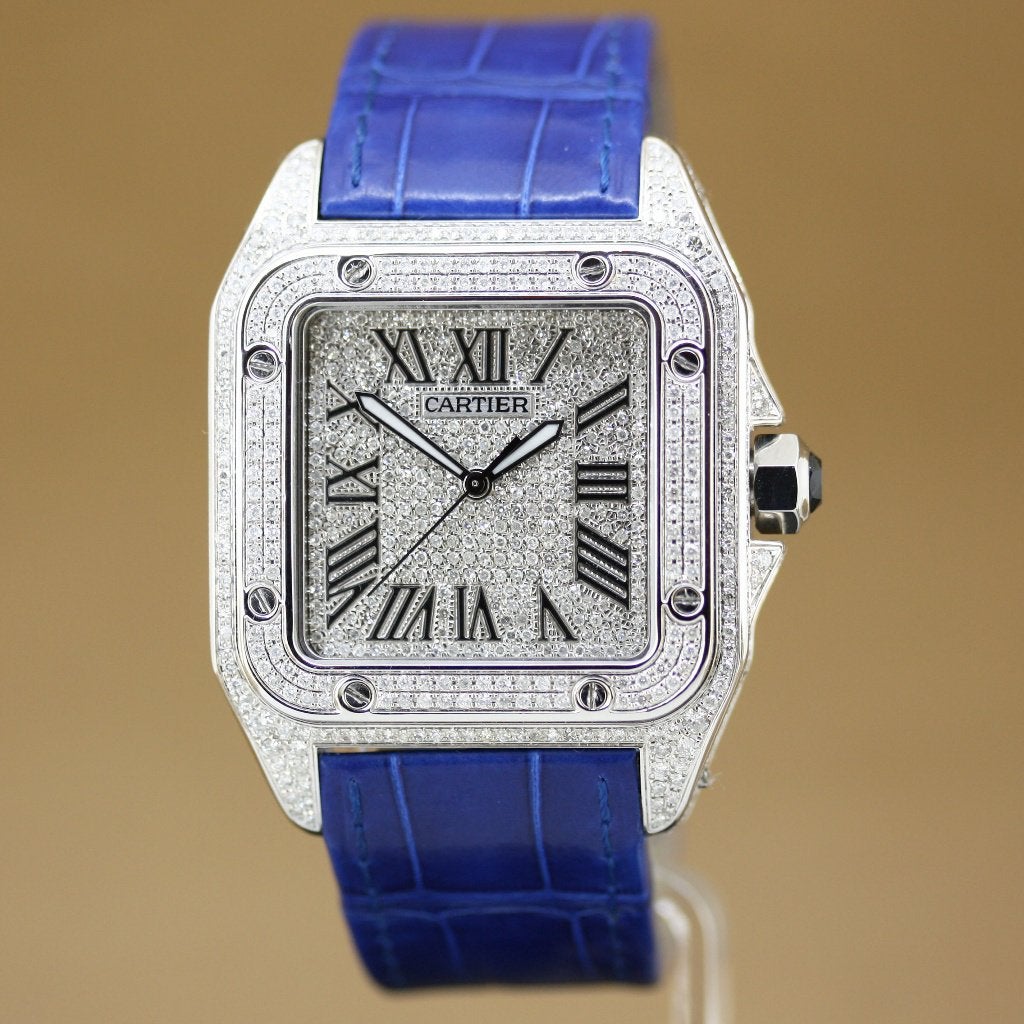 Cartier Santos 100 Xl 2656 Diamonds, Overige merken, Staal, Polshorloge, Ophalen of Verzenden