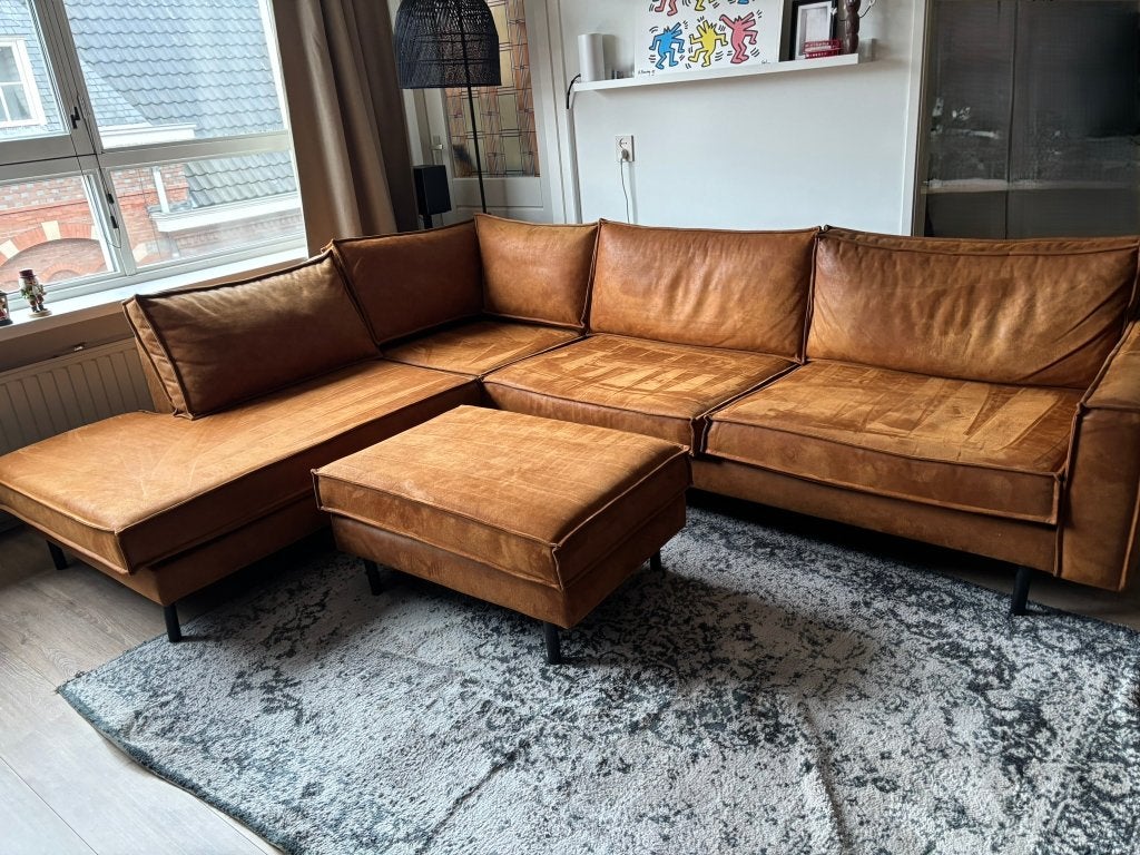 NOUS Living Hoekbank Links Lexington Cognac met Hocker, Ophalen, 250 tot 300 cm, Hoekbank, Vierpersoons of meer