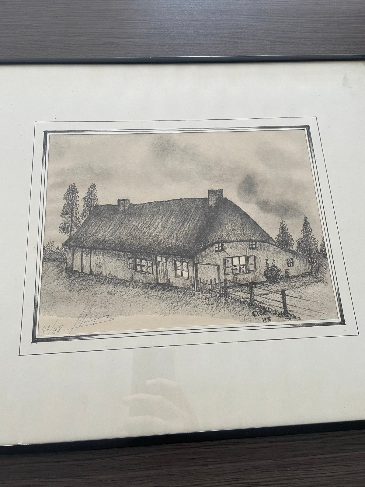 Ingelijste tekening van een boerderij, gesigneerd, Ophalen