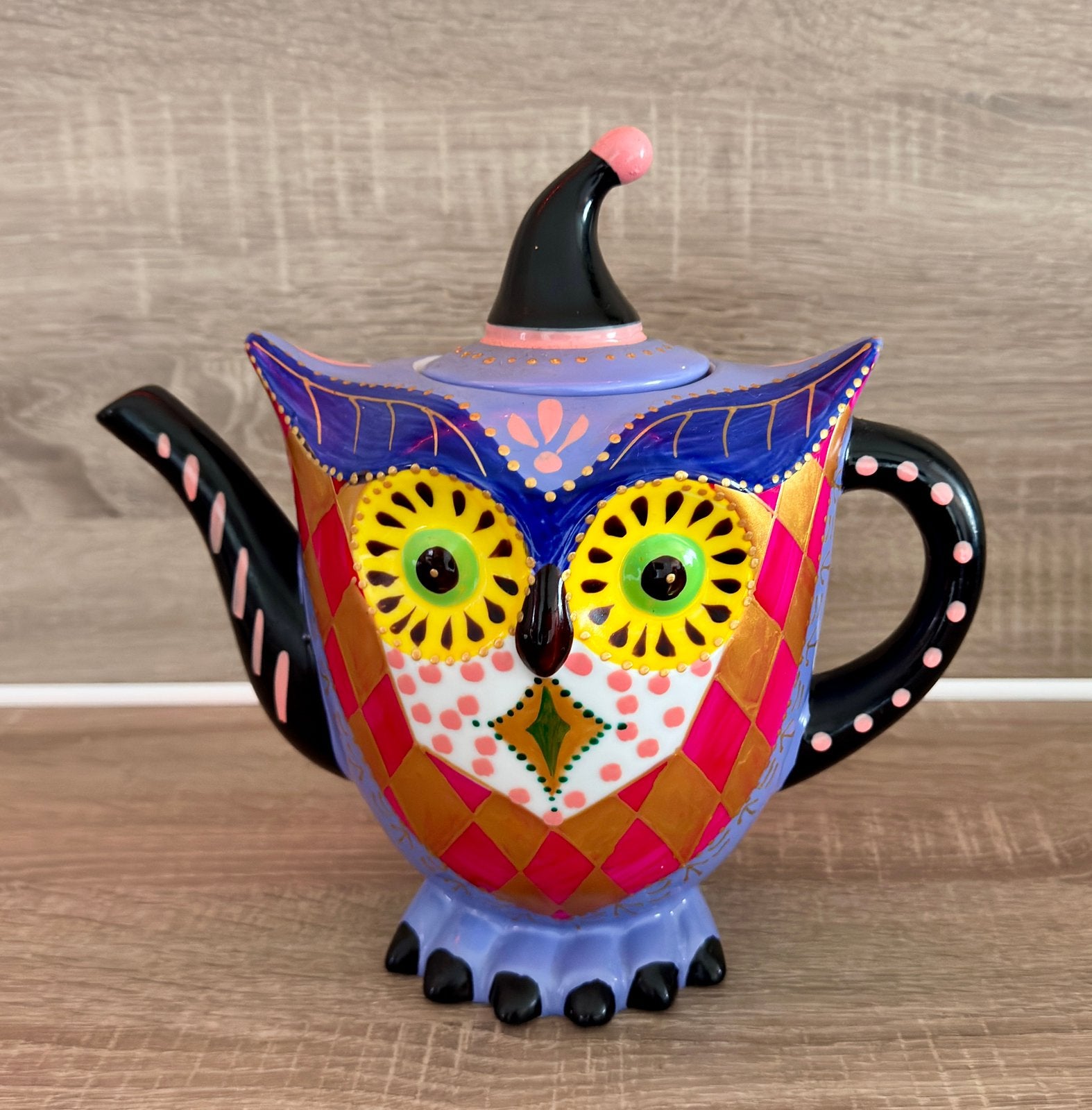 Kleurrijke Uilen Theepot – Uniek Decoratief Servies, Ophalen of Verzenden, Zo goed als nieuw, Overige stijlen, Overige typen