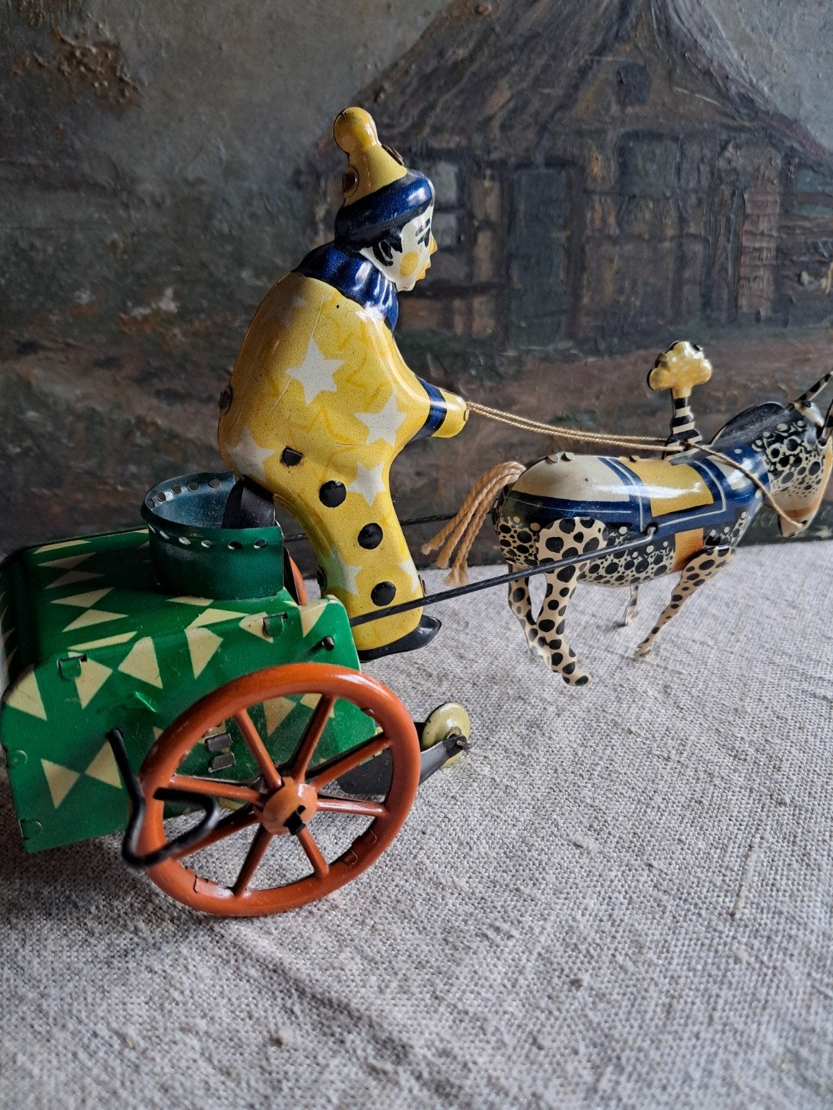 Antiek blikken speelgoed, clown met paard en wagen!, Ophalen of Verzenden