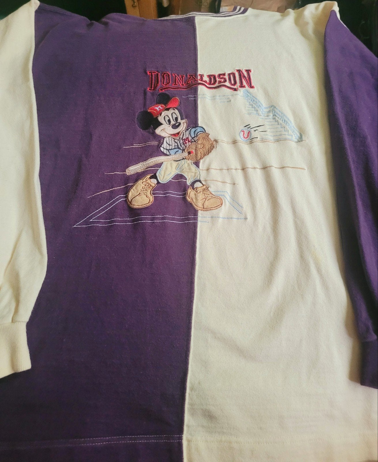VINTAGE DONALDSON COLOR BLOCK MICKEY MOUSE XL BASEBALL SHIRT, Verzenden, Maat 42/44 (L), Zo goed als nieuw, Paars