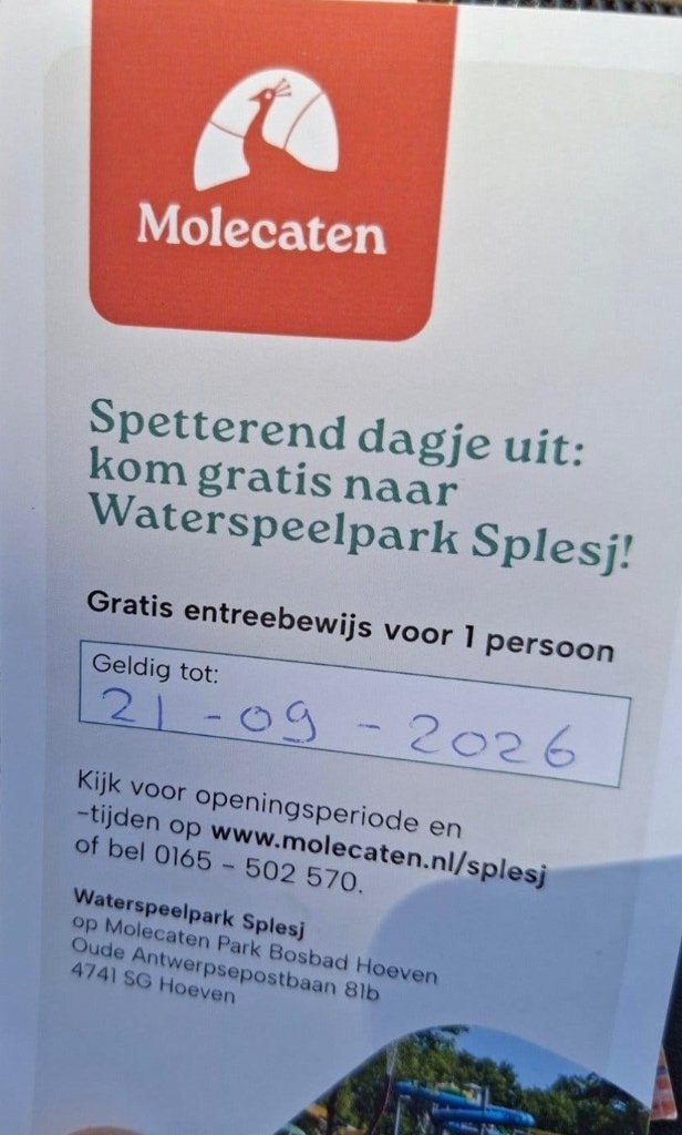 4 entreekaartjes van waterspeelpark Splesj b, Drie personen of meer, Ticket of Toegangskaart