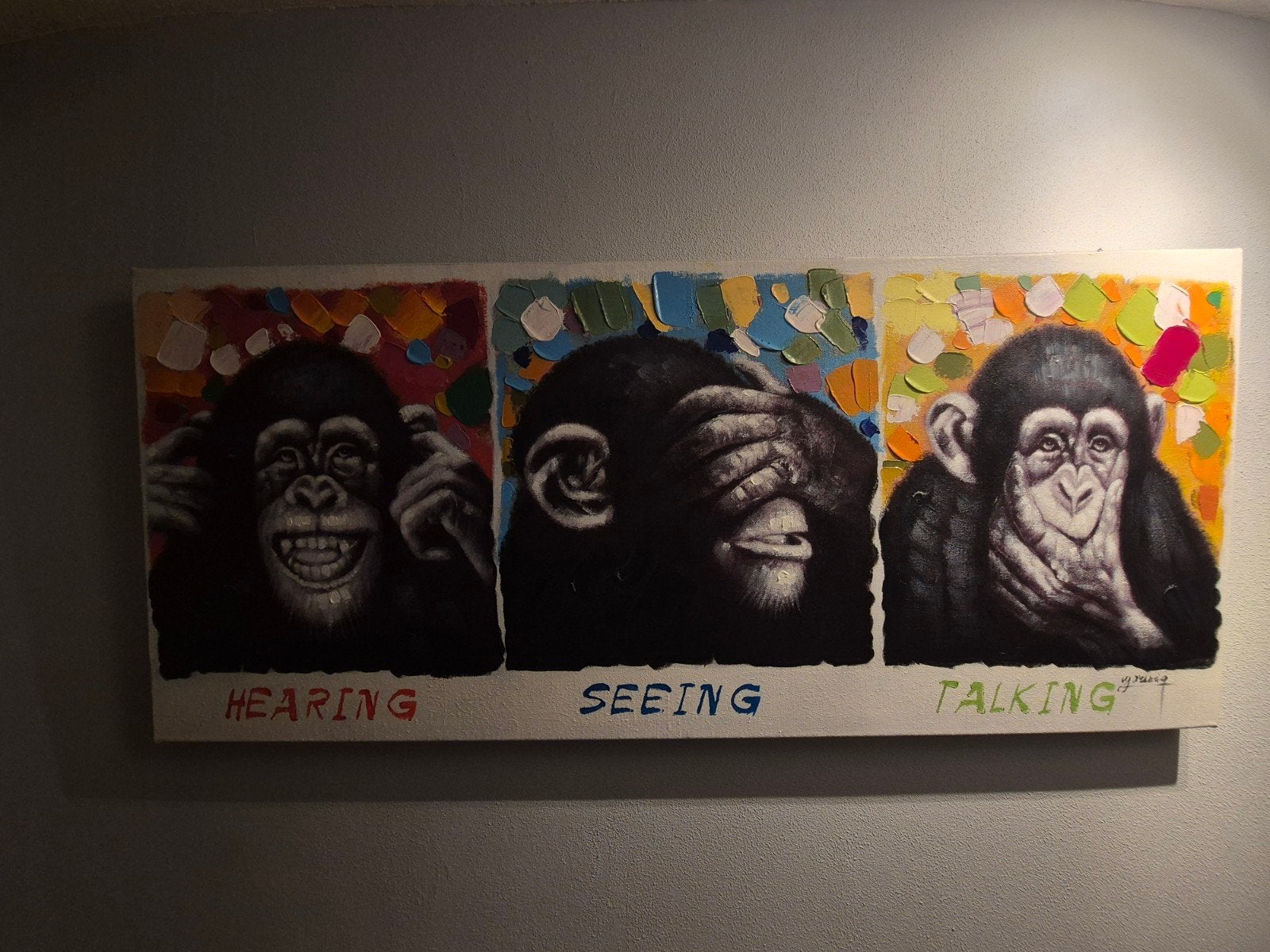 Schilderij 'Three Wise Monkeys' Horen, Zien, Zwijgen Youniq, Ophalen, Acrylverf, Dieren, Op houten frame
