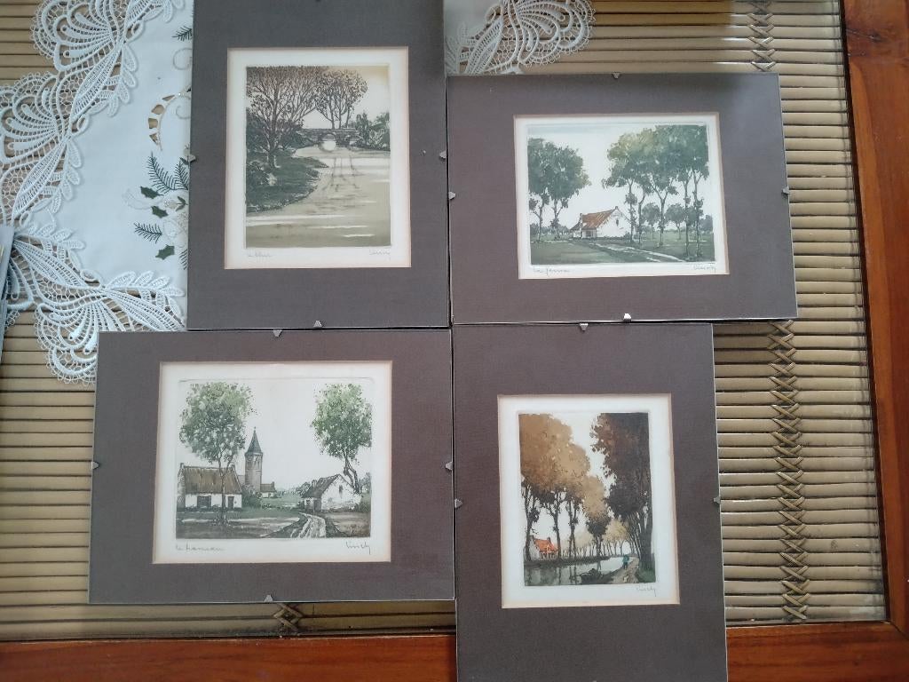 4 tekeningen in wissellijsten, kleuren zeefdruk, Antiek en Kunst, Kunst | Schilderijen | Klassiek, Ophalen of Verzenden