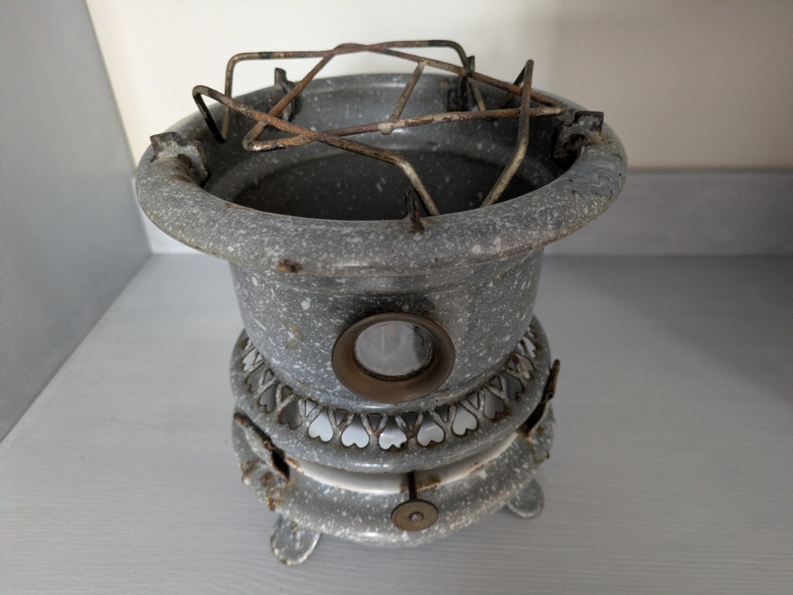 Grijsgewolkt emaille petroleum stel, Ophalen of Verzenden