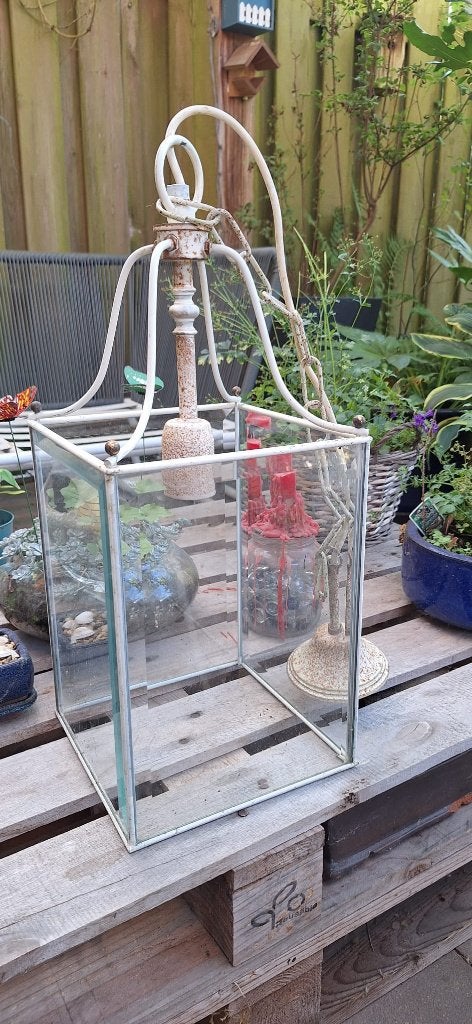 Vintage lantaarn hanglamp met facetgeslepen glas – brocante, Ophalen, Gebruikt, E27 (groot), Glas
