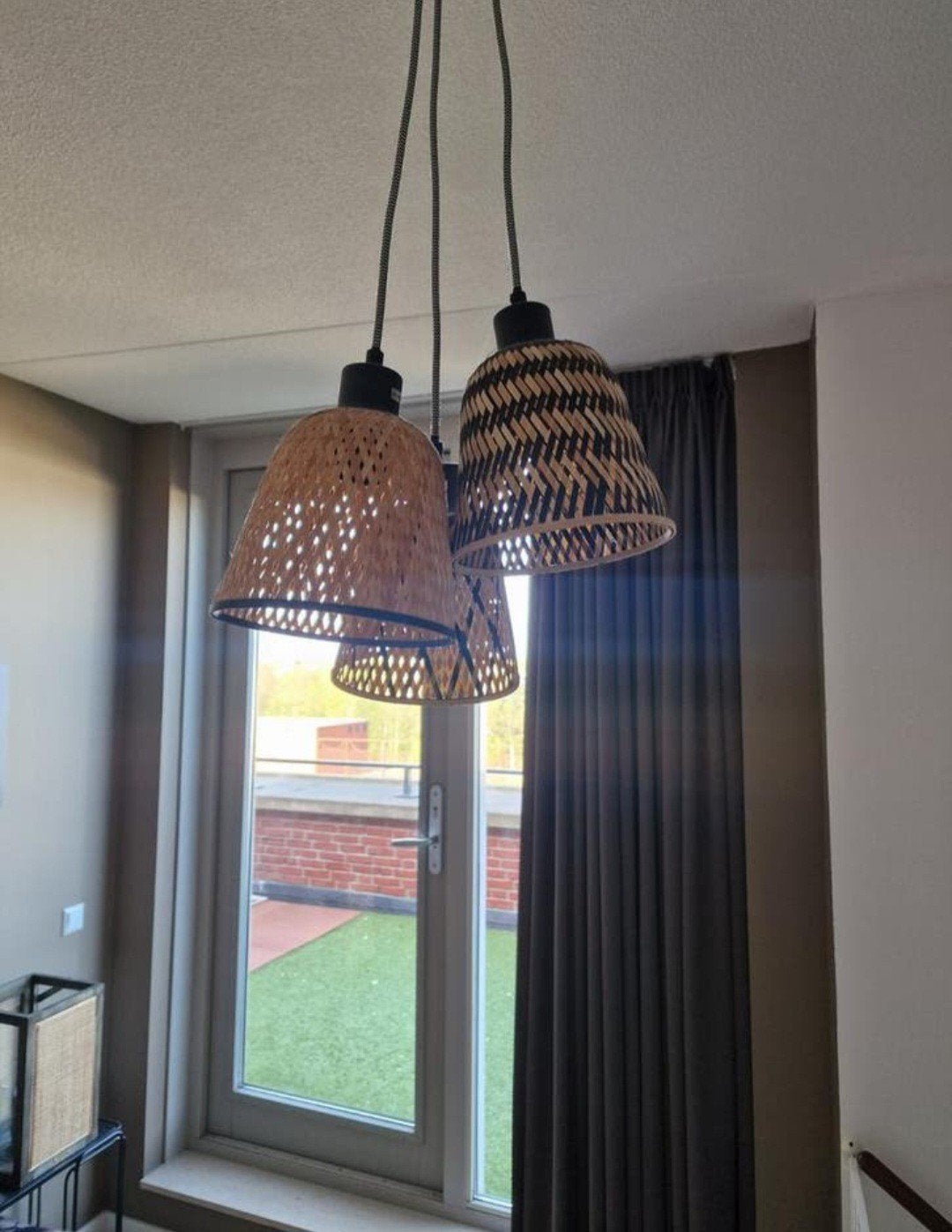 Set van 3 bamboe hanglampen - Bohemian stijl, Natuurlijk materiaal, Zo goed als nieuw, Bohemian, Scandinavisch, Modern, E27 (groot)