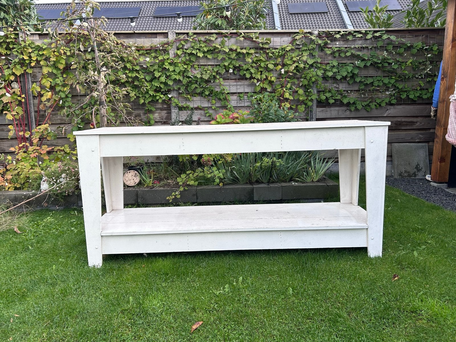 Witte sidetable met opbergplank b2m x d55cm x h93cm, Huis en Inrichting, Ophalen, Gebruikt, 200 cm of meer, Rechthoekig