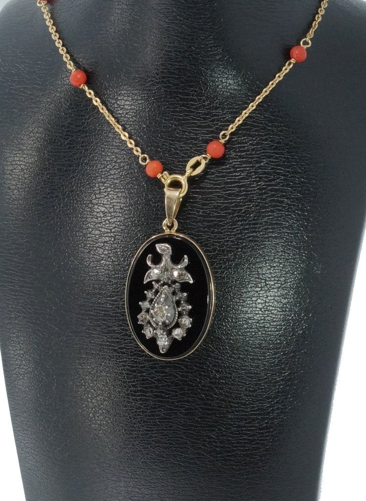 Diamanten 14k gouden onyx antieke medaillon hanger ketting, Verzenden, Goud, Hanger, Met edelsteen