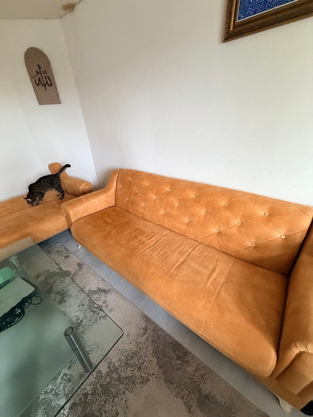 Comfortabele vierzitsbank - gele stof, Ophalen, Gebruikt, 75 tot 100 cm, Rechte bank