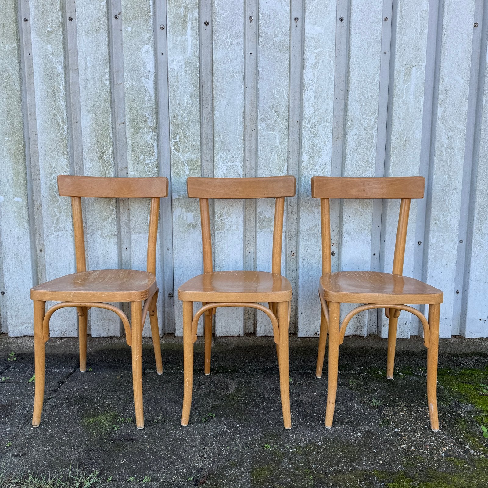 Set van 3 vintage beukenhouten cafe stoelen oud hout bistro, Ophalen, Gebruikt, Vintage, Hout