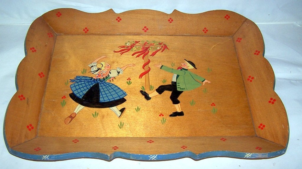 Vintage houten dienblad met figuren dansend rond een meiboom, Ophalen of Verzenden