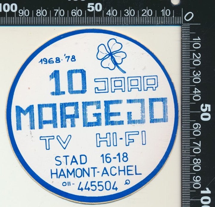 Sticker: Margejo TV Hi-Fi - 10 Jaar - Hamont Achel, Verzenden, Zo goed als nieuw, Bedrijf of Vereniging