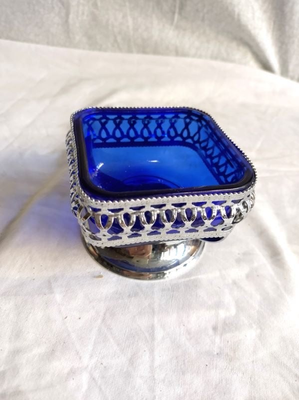 Suikerpot, bonbonschaaltje, blauw glas, verchroomd metaal, Ophalen of Verzenden, Zo goed als nieuw, Overige typen