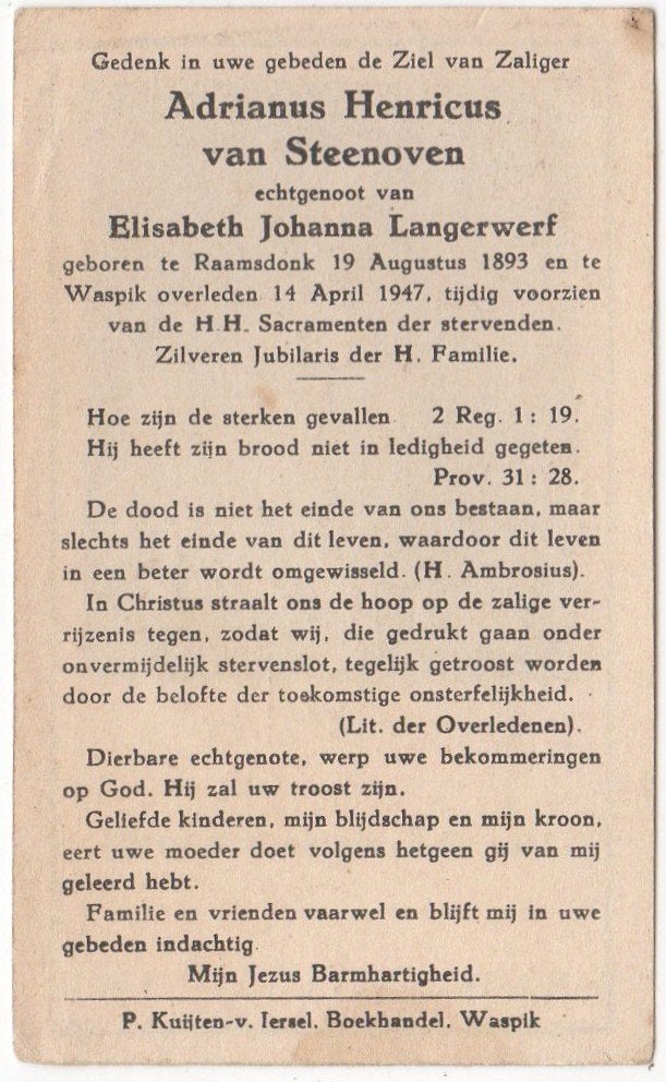 Adrianus H. van Steenoven 1893 Raamsdonk + 1947 Waspik, Verzenden