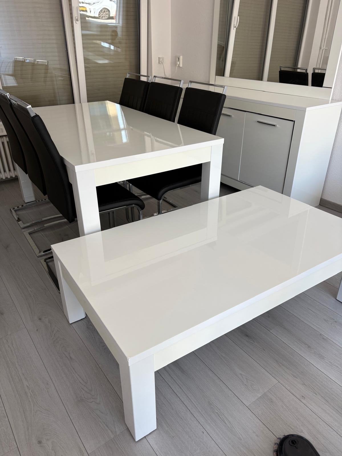 Moderne witte eettafel, salontafel en dressoir set, Ophalen