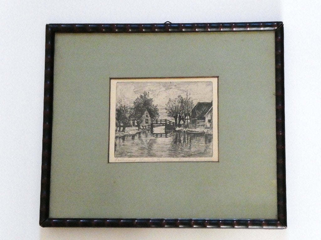 Ets Marius Janssen 't Huis te Riviere Schiedam ca. 1930, Met monogram, Ets, Ophalen of Verzenden, 24 cm