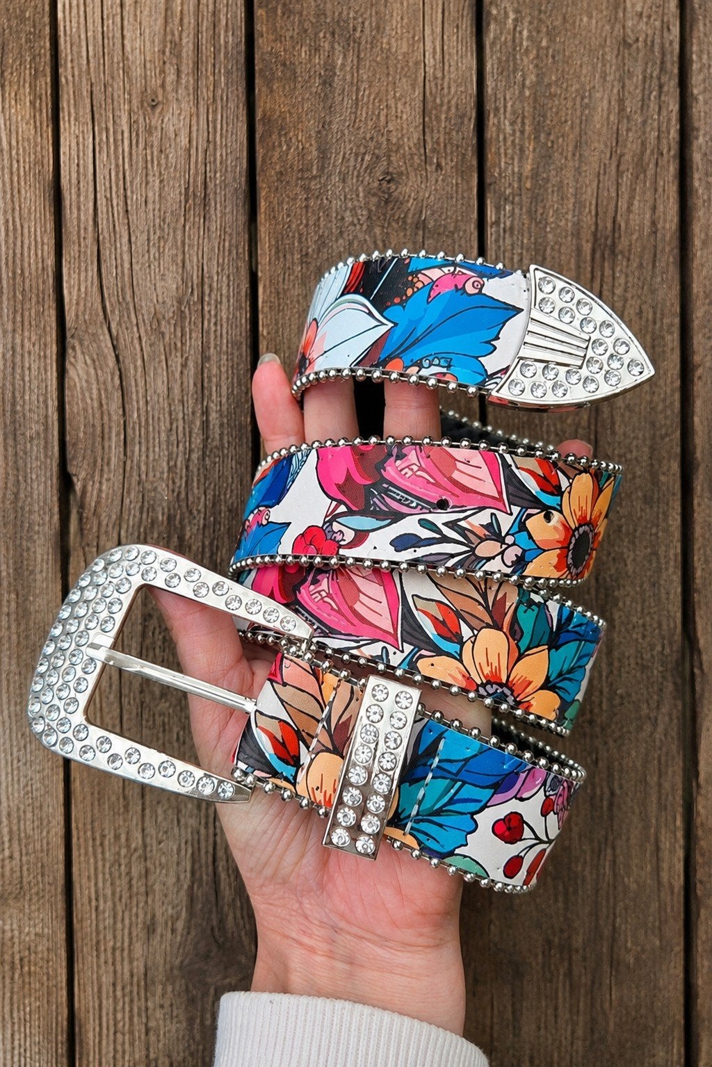 Damesriem met kleurrijke bloemenprint en strass details., Verzenden