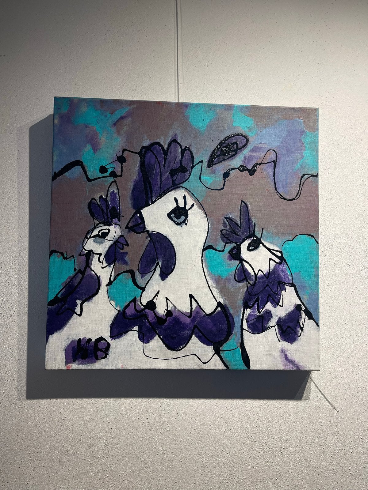 Verbaasde kippen 50-50 cm schilderij van Herma Borsboom, Ophalen, Acrylverf, Handgeschilderd, Dieren
