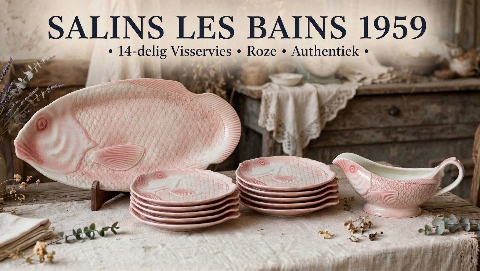 Uniek 14 delig visservies Aurore  Faïencerie de Salins., Ophalen of Verzenden