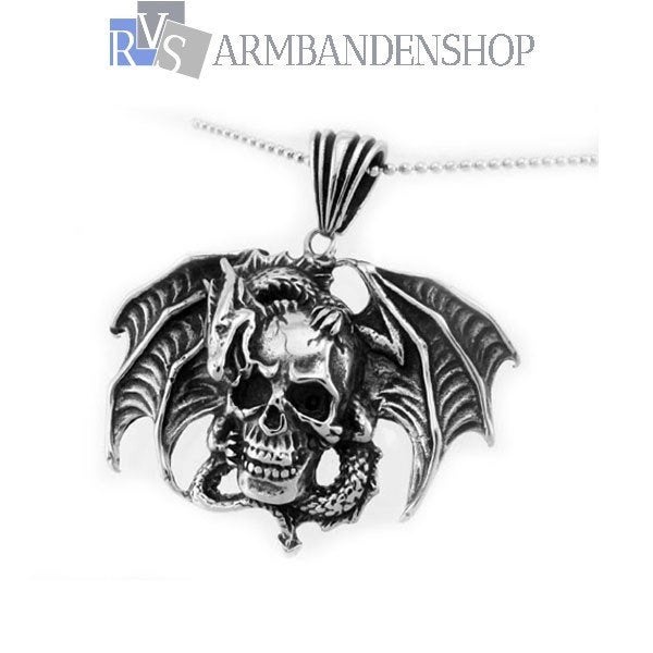 Rvs draak met skull hanger Bikers ketting dragon doodskop, Overige materialen, Verzenden, Nieuw, Kruis of Symbool