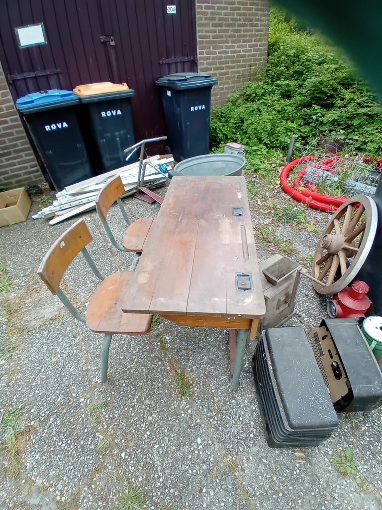 Vintage schoolbank met twee stoelen, Antiek en Kunst, Ophalen
