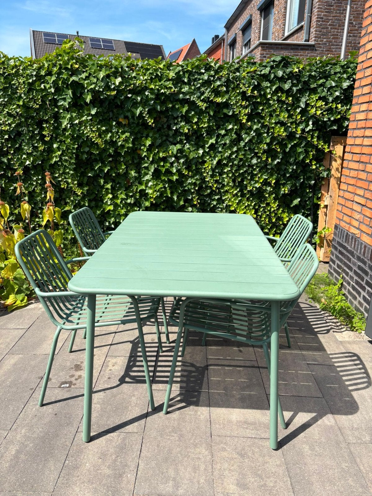 Tuintafel en stapelbare tuinstoelen Vence - groen, Ophalen, Zo goed als nieuw, Tuinset, Eettafel