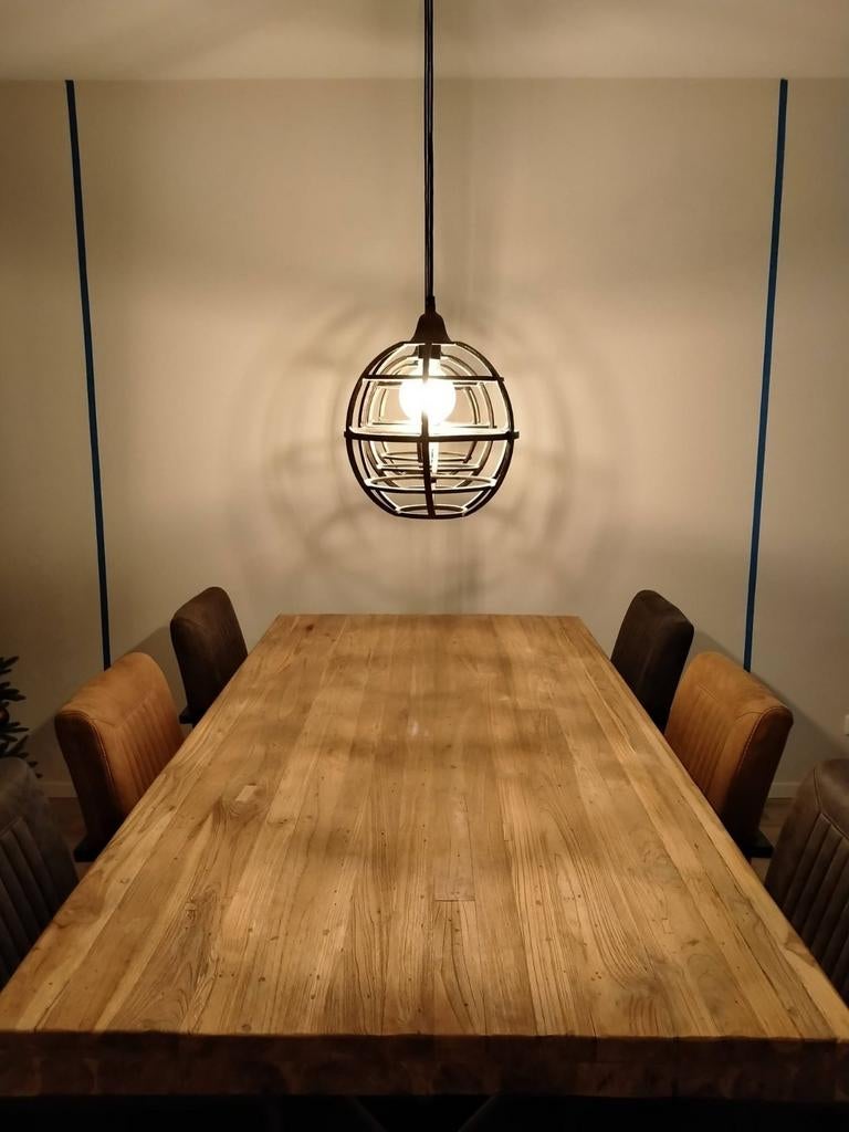 Eetafel Teak blad met metalen X-poten (220cmx106cm), Ophalen, Zo goed als nieuw, Teak hout met stalen frame, 4 tot 6 stoelen