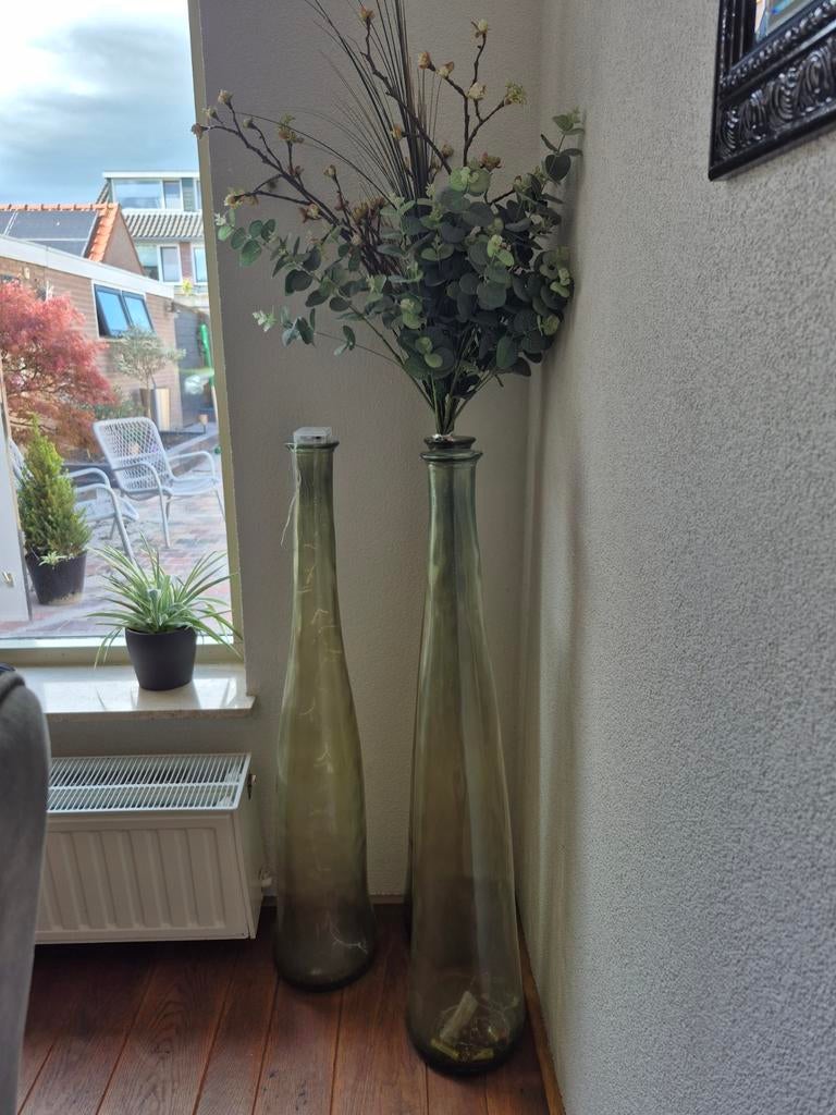 Set van 3 grote glazen vazen - 1 meter hoog, Gebruikt, Overige kleuren, Ophalen of Verzenden, Glas