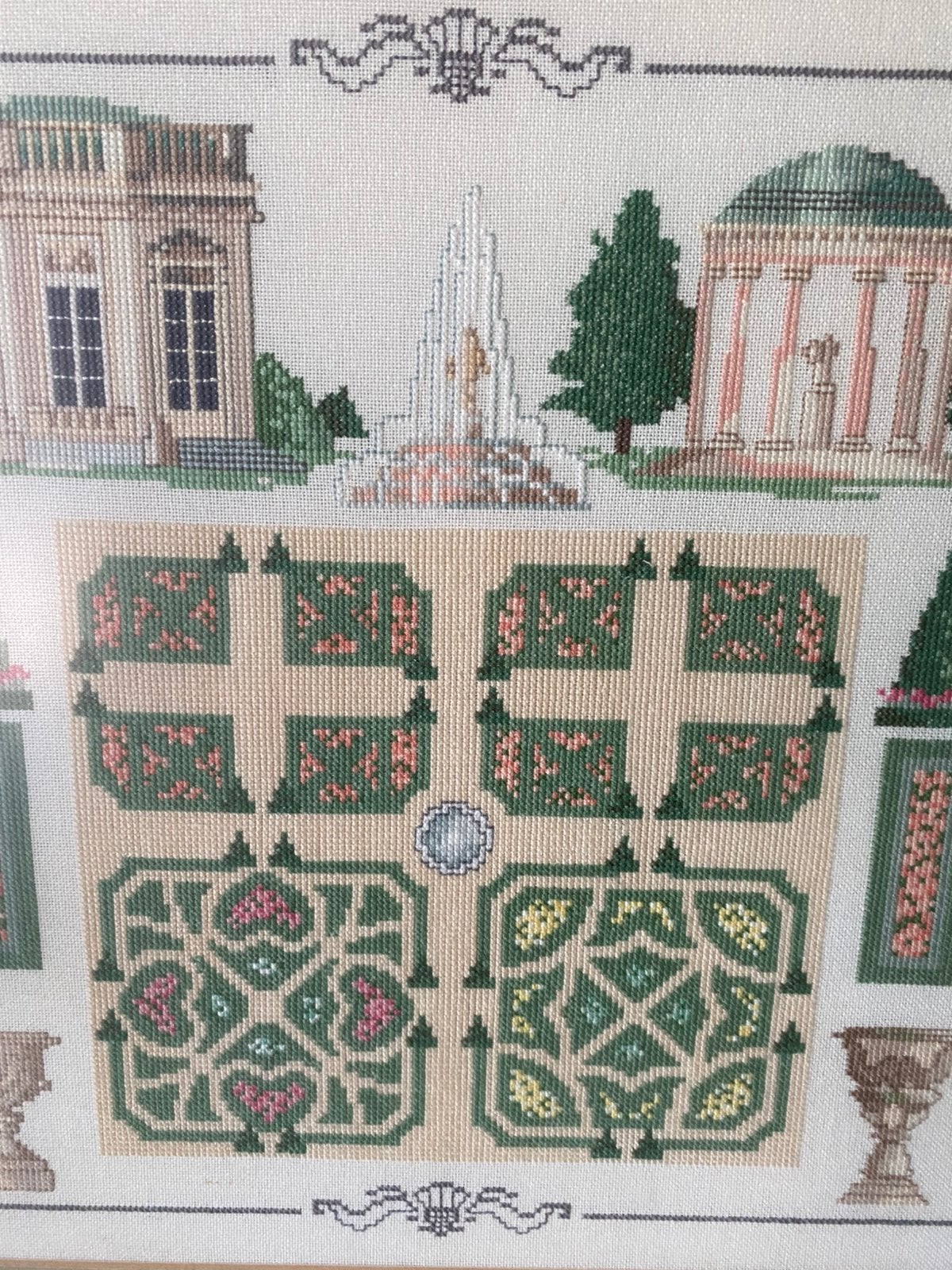 Vintage geborduurd schilderij, kasteeltuin/prieel, Ophalen