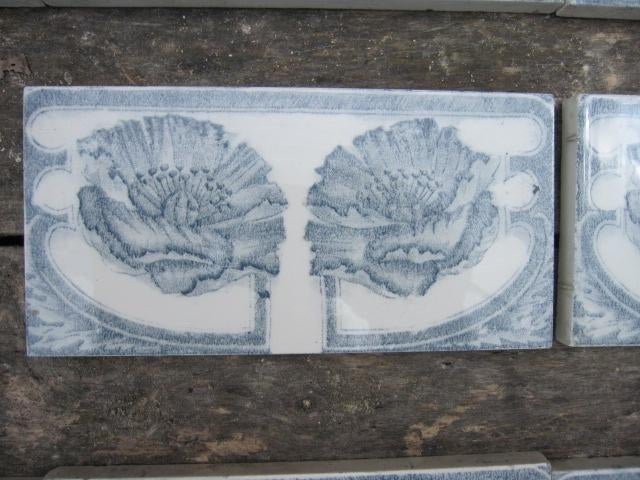 15 stuks antieke randtegels blauwgrijze papaver, 225 cm lang, Ophalen