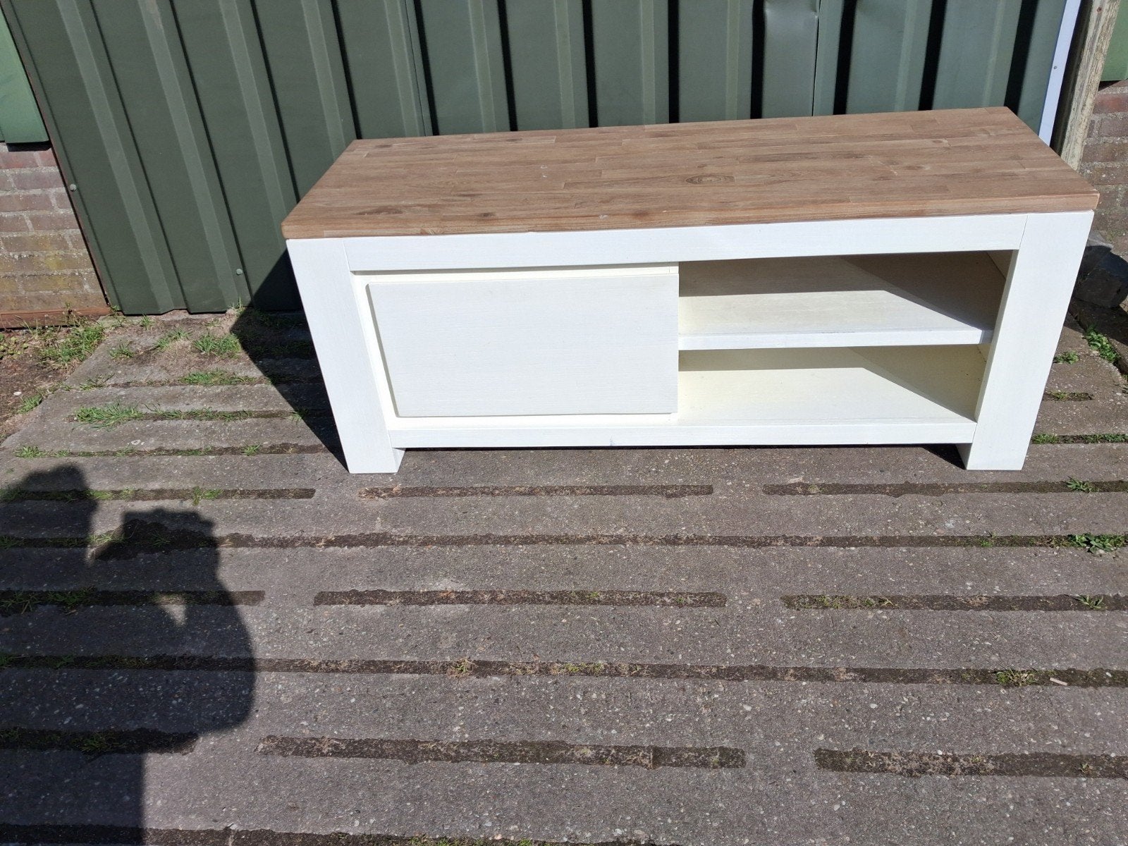 TV-meubel wit met houten blad, Ophalen, Gebruikt, 100 tot 150 cm, Minder dan 100 cm