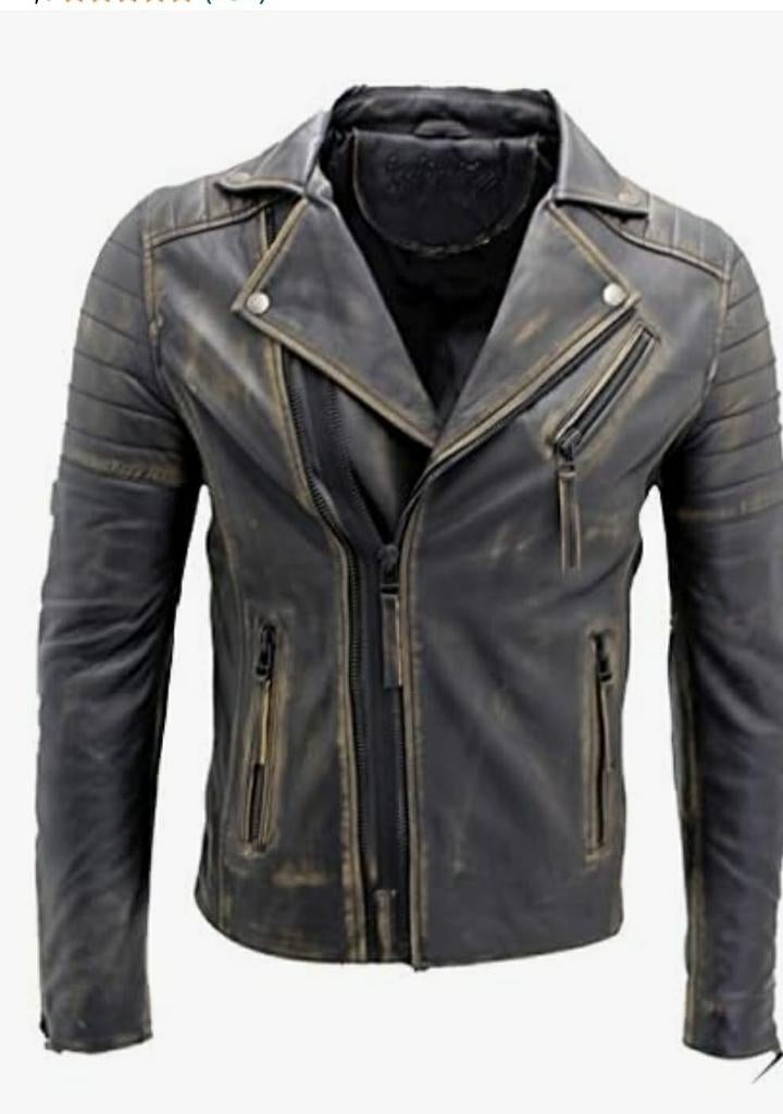 Vintage Stijl Leren Motorjas - Zwart XL, Motoren, Ophalen of Verzenden
