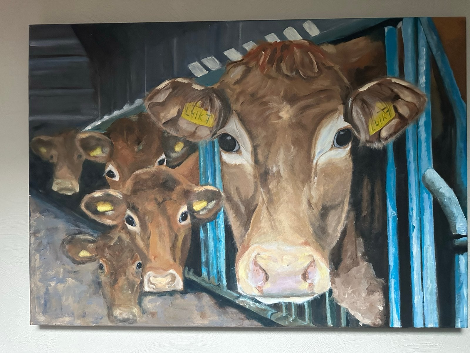 Schilderij van koeien - 70x100 cm, Antiek en Kunst, Acrylverf, Handgeschilderd, Ophalen of Verzenden, Dieren