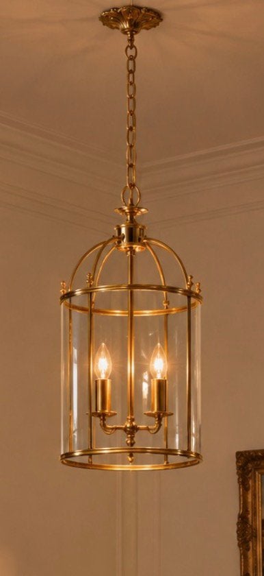 Empire-stijl hanglamp / hallantaarn van messing en glas 1970, Ophalen of Verzenden, Zo goed als nieuw, Glas