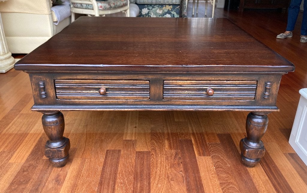 eiken antiek finish salontafel met 4 laden 1mtr*1mtr, Huis en Inrichting, Ophalen, 100 tot 150 cm, Vierkant, 50 tot 100 cm