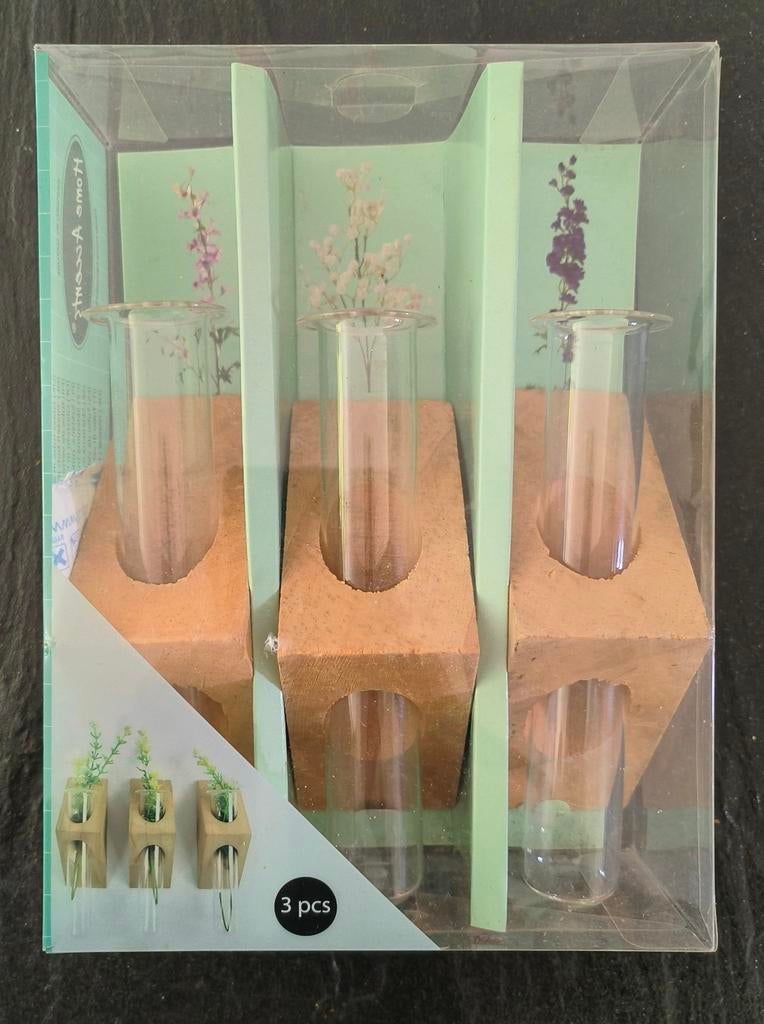 Set van 3 glazen buisjes met houten houder  voor te stekken, Ophalen of Verzenden, Nieuw