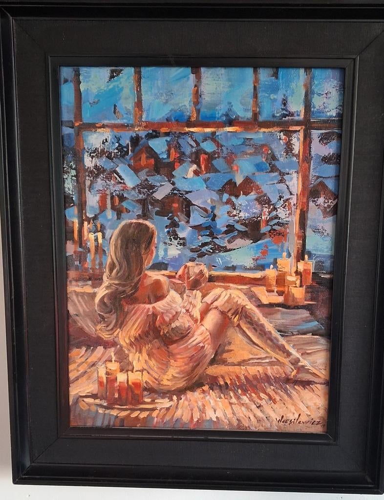 Sexy young lady staring at frozen window. Sign. 40/50 cm., Antiek en Kunst, Ophalen