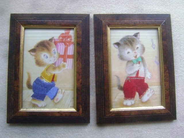 Vintage ingelijste katten afbeeldingen - set van 2, Ophalen of Verzenden, Huis en Inrichting