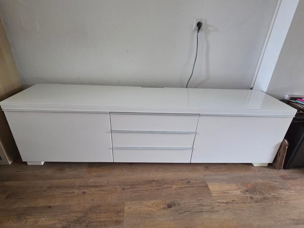 TV meubel wit met glazen plaat - 180x40x50 cm, Gebruikt, 150 tot 200 cm, Ophalen of Verzenden, Glas