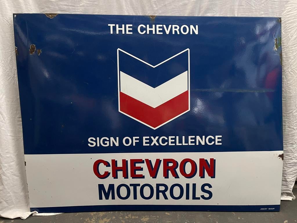 Emaille Chevron Motoroils Bord, Ophalen, Gebruikt, Reclamebord