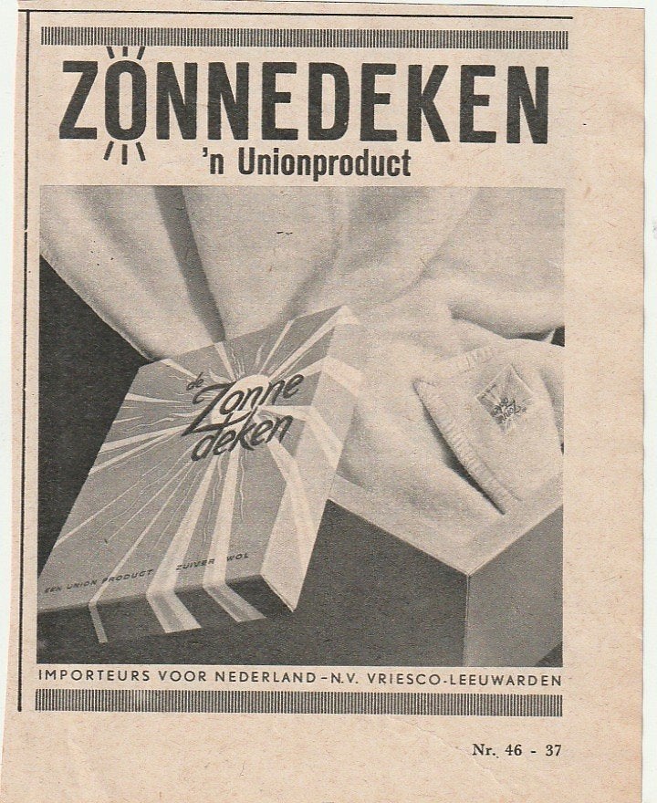 Retro reclame 1958 Union Vriesco Leeuwarden zonnedeken, Verzenden, Overige typen