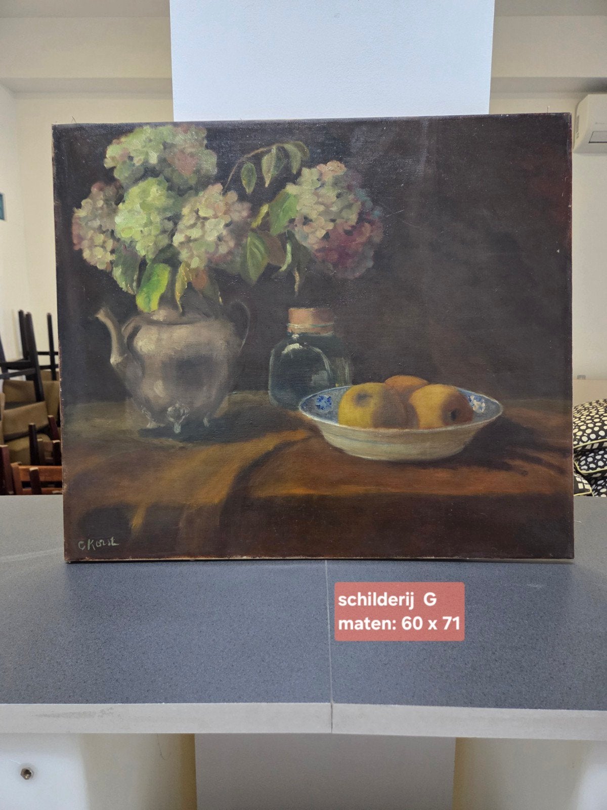 Stilleven met bloemen en fruit, gesigneerd C. KORTE, Ophalen