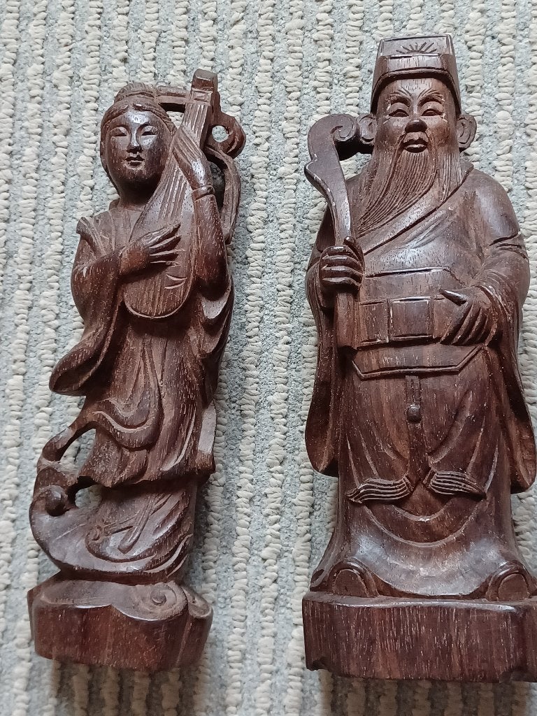 2 Vintage Chinees Houtsnijwerk Beeld sculptuur Muzikant luit, Ophalen of Verzenden, Houtsnijwerk