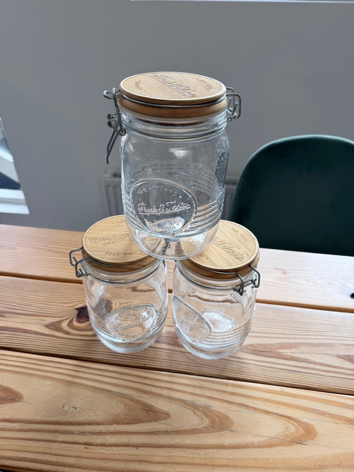 Set van 3 glazen voorraadpotten met houten deksel, Huis en Inrichting, Voorraadpot, Ophalen, Zo goed als nieuw, Glas
